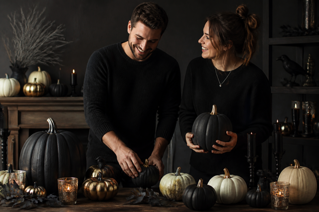 Man woman arranging black pumpkins halloween table