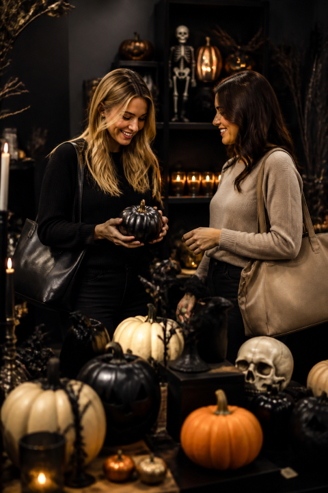 Two women shopping halloween pumpkins skulls store