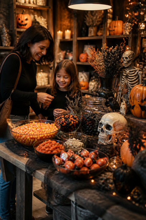 Woman child choosing candy halloween display skulls