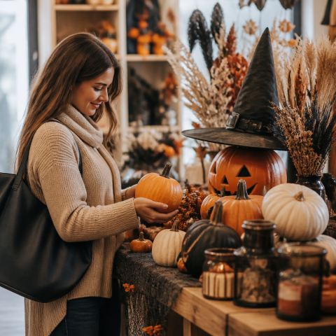 Woman shopping pumpkins halloween decor store