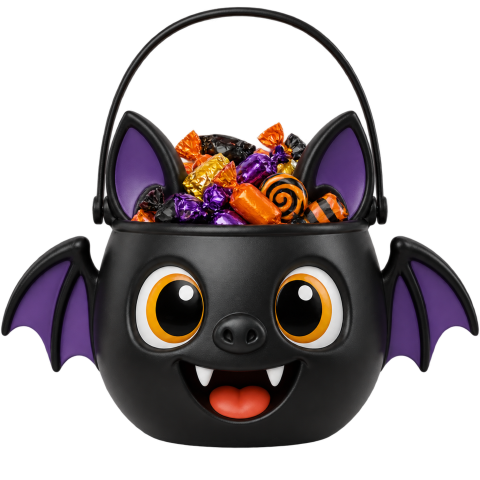 Black bat shaped candy bucket filled sweets