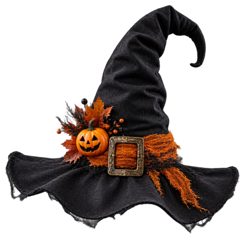 Black witch hat pumpkin autumn leaves orange band