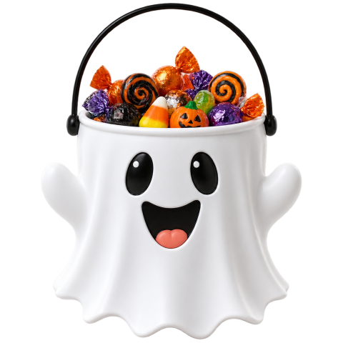 White ghost candy bucket filled halloween sweets